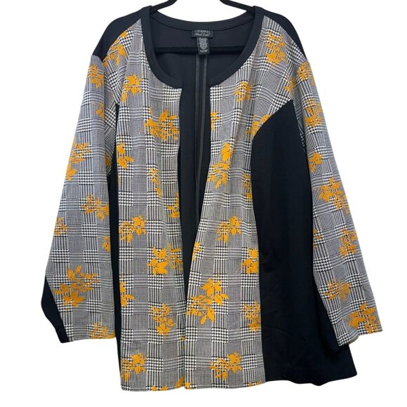 Catherines Sweaters - Catherines Womens Black Label Floral Houndstooth Long Cardigan 3X Black Yellow